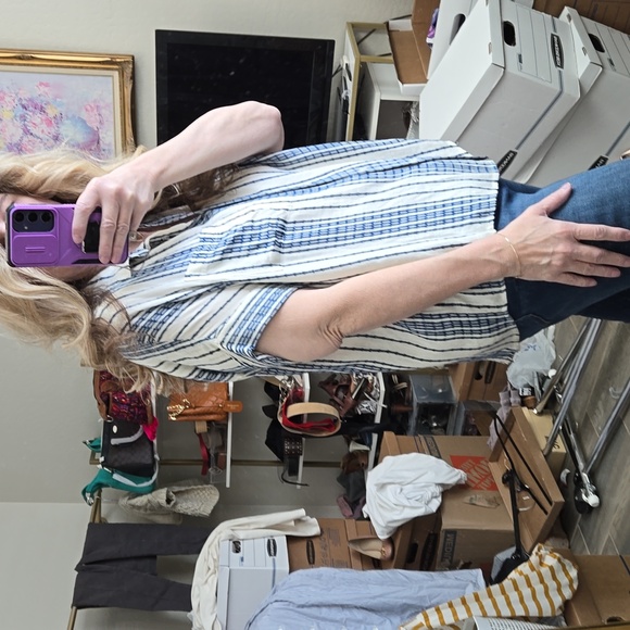 En Creme Women's Beige & Blue Striped Blouse Button Front Collar Top Size Small - Picture 4 of 13